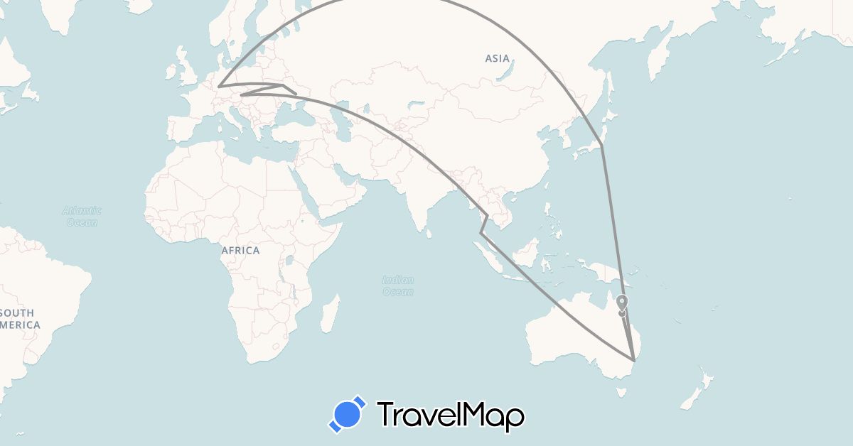 TravelMap itinerary: driving, plane in Austria, Australia, Germany, Japan, Thailand, Ukraine (Asia, Europe, Oceania)